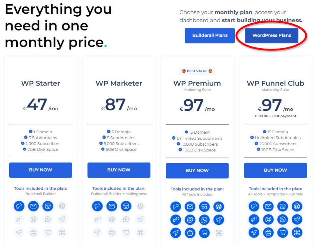 Builderall Monthly WP Pricing Plans 2023