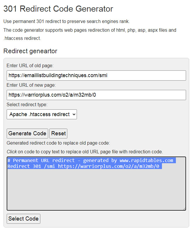 301 Redirect Code Generator Example