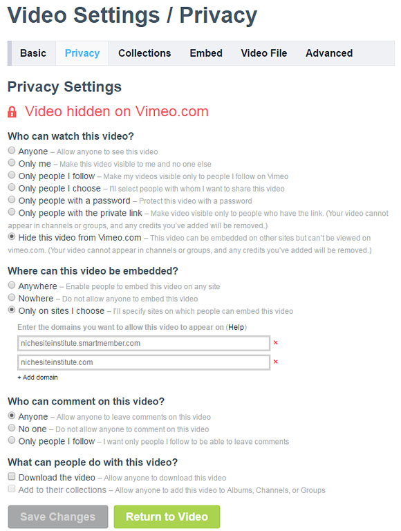 Vimeo Privacy Settings