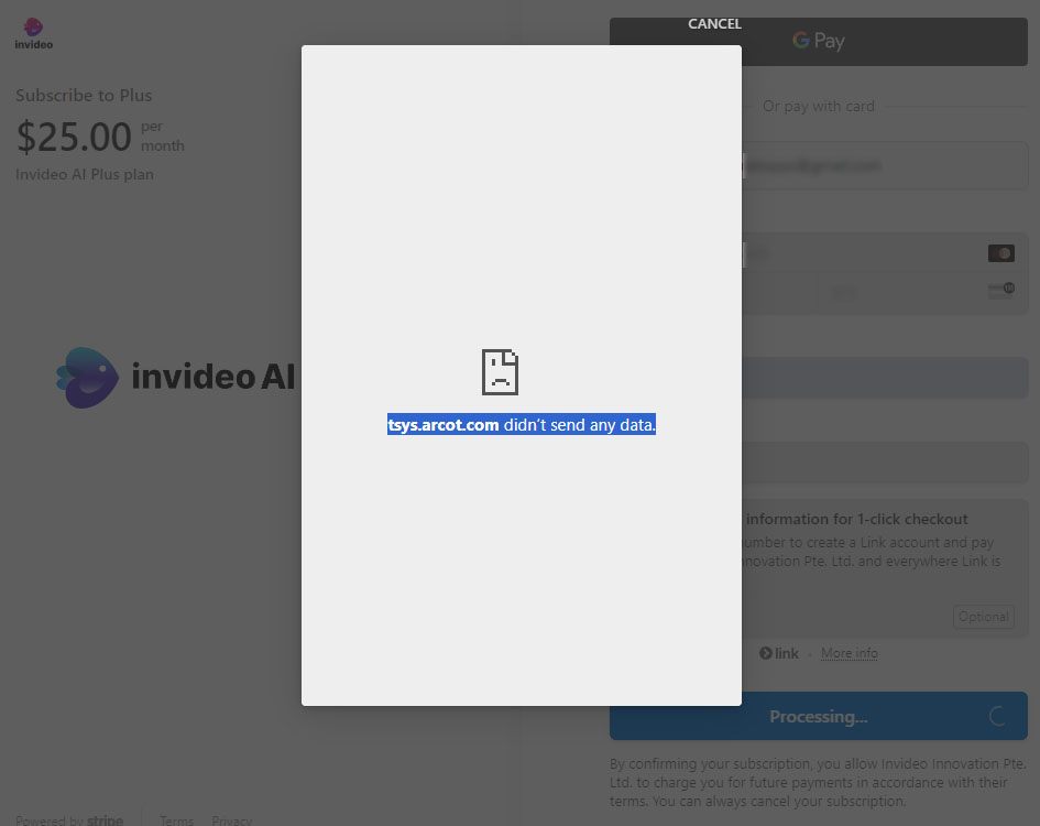 InVideo Payment Processing Error 2 (Chrome)