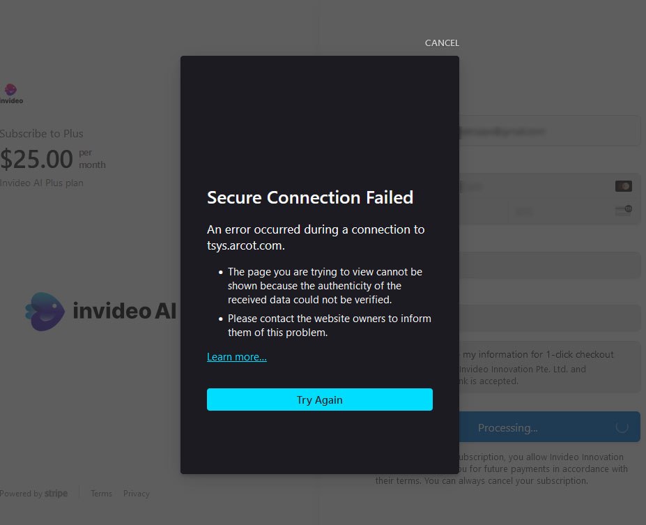 InVideo Payment Processing Error (Firefox)